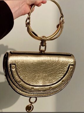 Chloe Nile Minaudiere Gold-Tone Bracelet Ring Handle Metallic Calfskin Half-Moon